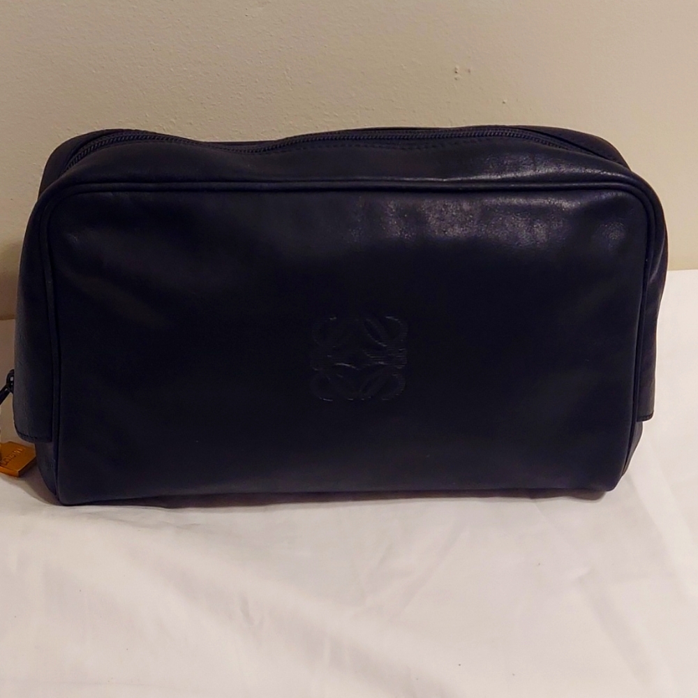 Authentic Loewe Large Anagram Black Leather Clutch Cosmetic Bag Vintage